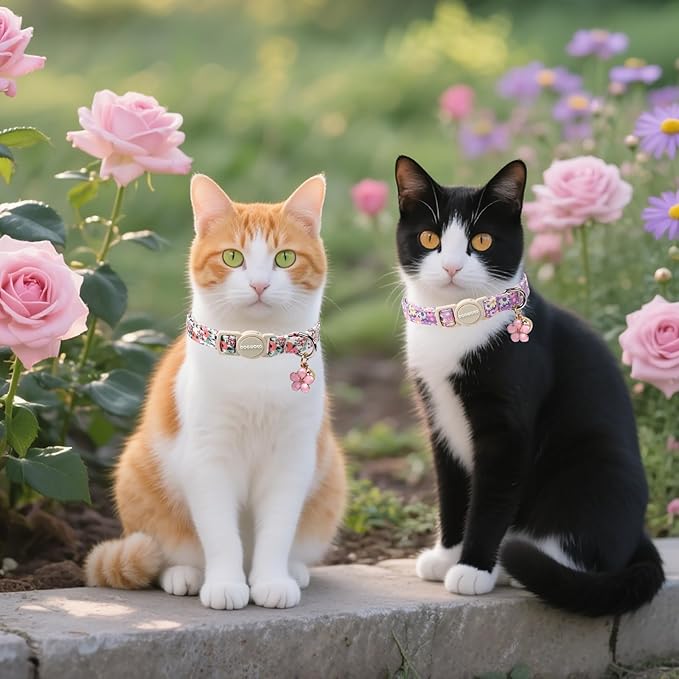 Cat Collar,2 Pack Cute Cat Collars Breakaway with Bell- Safety Buckle Flower Pink Rose Cat Collar for Girl Cats and Small Dogs，Adjustable 7-12 Inch,Pet Supplies Accessories