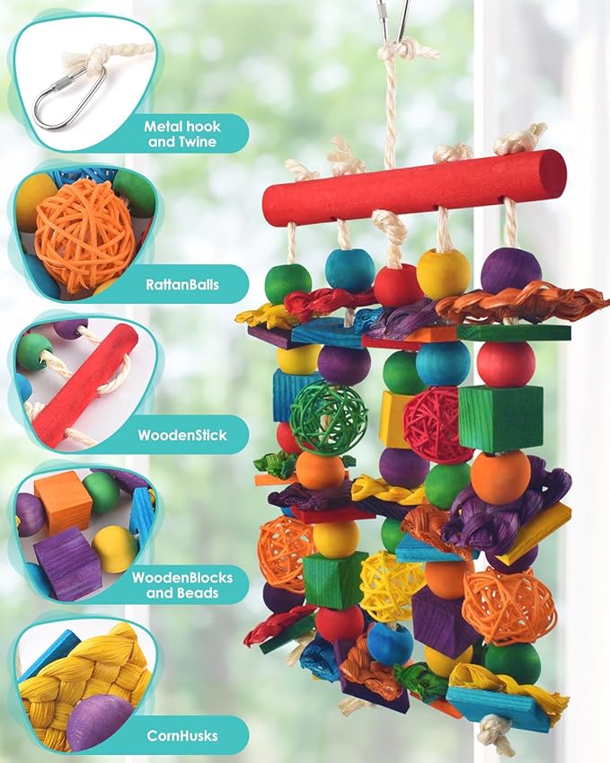 DBNESS Bird Toys, Parakeet Chewing Toy, Multicolored Natural Wooden Blocks Birds Parrot Tearing Toys mit Rattan Wicker Balls, for Medium Small Macaw Cockatoos Budgie Lovebird Cockatiel Conures