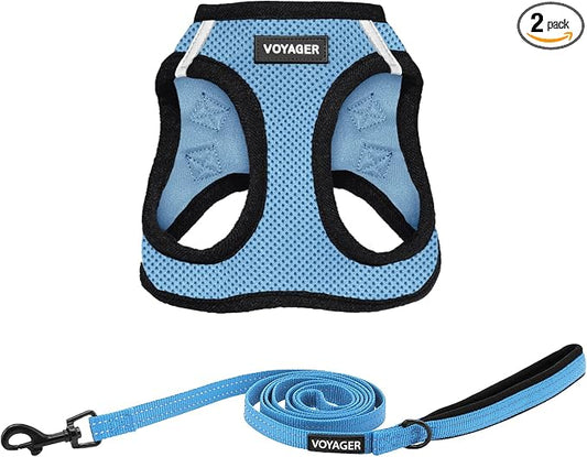 Best Pet Supplies Voyager Step-in Air All Weather Mesh Harness and Reflective Dog 5ft Leash Combo with Neoprene Handle, for Small, Medium and Large Breed Puppies - Baby Blue/Black Trim, X-Large