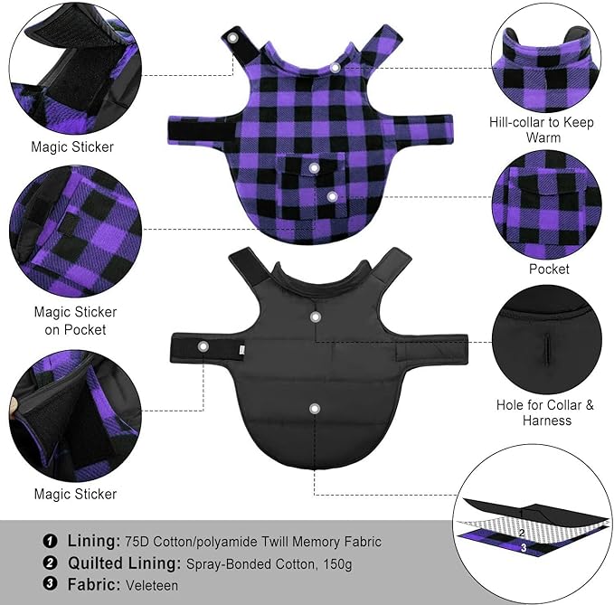 ASENKU Dog Jacket Plaid Reversible Reversible Dog Vest Waterproof Cold Winter Clothes Pet Apparel for Small Medium Large Dogs (XS, Purple)