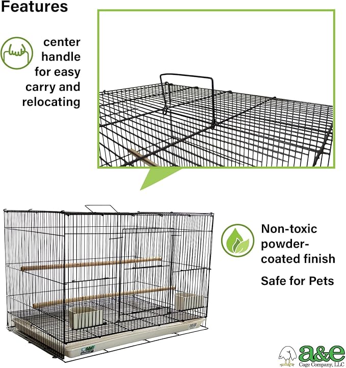 A&E Cage Co 503 Flight Cage – 24"x16"x16" Small Bird Cage with Slide-Out Tray, Wood Perch, Dual Feeding Stations & Carry Handle – Black Powder Coated Cage for Finches, Canaries & Small Birds