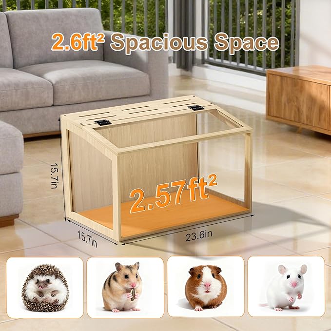 Hamster Cage: Wooden Small Animal Cage with Warm Light - 24inch Clear Chewy Proof Hamster House with Openable Breathable Top