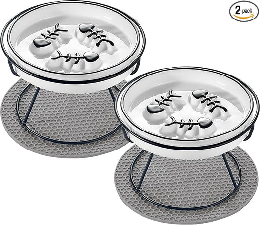 2PCS Raised Cat Bowl - Improved Design, Elevated Puzzle Feeder, Anti Vomit & Obesity Prevention, Slow Down Eating Speed