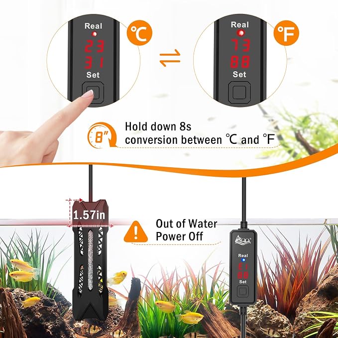 AQQA Small Aquarium Heater,Submersible Fish Tank Heater Adjustable Temperature,Mini Short Dual-use Fish Heater with LED Digital Display Thermostat,Saltwater Freshwater 200W