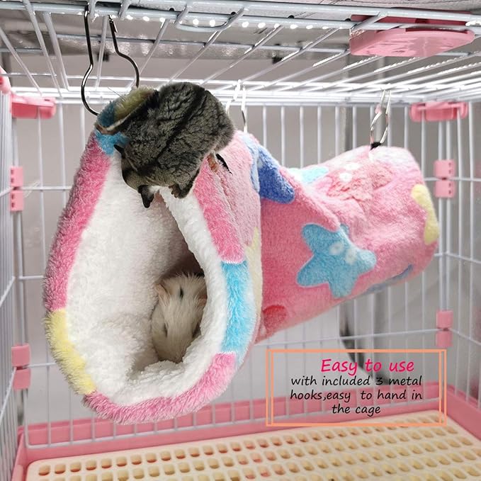 LEFTSTARER Guinea Pig Accessories Sugar Glider Cage Accessories Hamster Rat Toys Ferret Hammock Hanging Tunnel for Small Animals （Pink-Star）