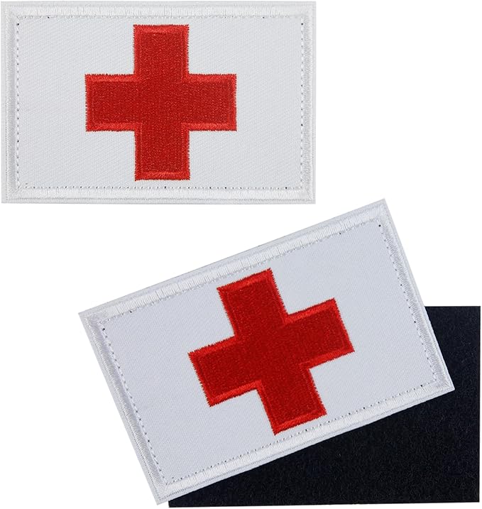 2 PCS First Aid Kit Patch, Medic Red Cross Patch Tactical Medical Patches for Packs Military Bags Backpacks Clothings Jackets Hats Pet Harness (Embroidered, 3x2 in) | White