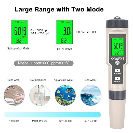 Digital Salinity Tester for Salt Water - Waterproof IP67 Salinity Meter with ATC Large Range 0-200ppt Saltwater Tester for Seawater, Aquariums, Marine Monitoring, and Koi Fish Pond by ORAPXI | Large Range 0-200ppt Saltwater Tester for Seawater, Saltwat...