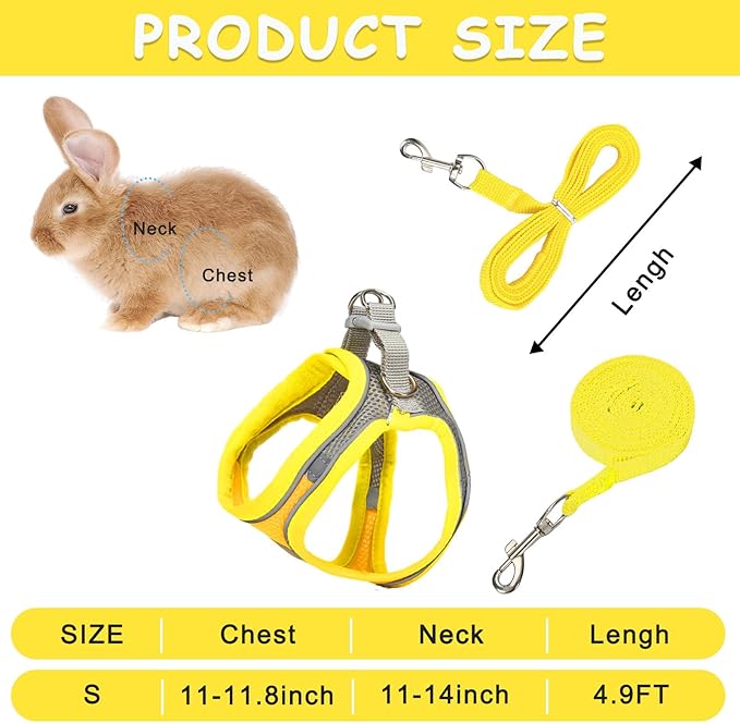 PETKNOWS 2 Pack Rabbit Harness and Leash Set, Double Buckle Bunny Harness with Reflective Strips Soft Breathable Mesh Vest Harness for Rabbits Walks Accessories(Pink and Yellow)