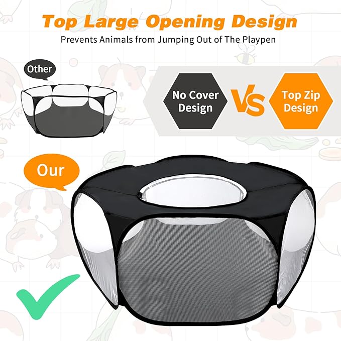 Rypet Collapsible Small Animal Cage Tent, Breathable Fabric Guinea Pig Playpen with Cover, Transparent Hamster Playpen Portable Pet Yard Exercise Fence for Reptile Rabbit Chinchilla Hedgehog(Black)