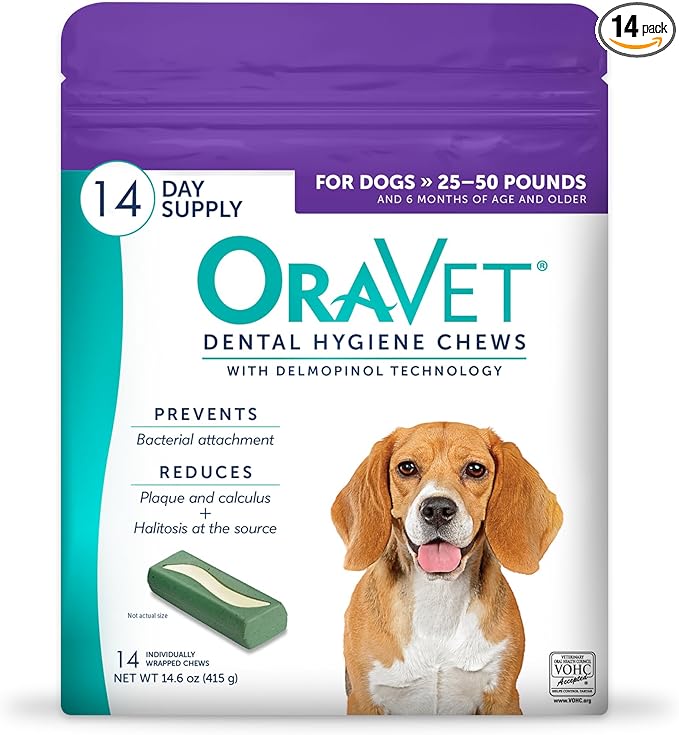 ORAVET Dental Chews for Dogs, Oral Care and Hygiene Chews (Medium Dogs, 25-50 lbs.) Purple Pouch, 14 Count