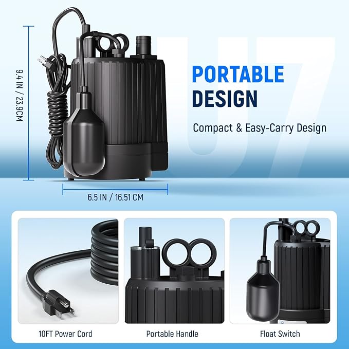 D-HONOR Sump Pump, Submersible Water Pump 1/3 HP 1600 GPH with Float Switch | Automatic Utility Pump for Pool, Pond, Garden, Flooded Basement, Aquarium, and Irrigation, with 10 Ft Power Cord