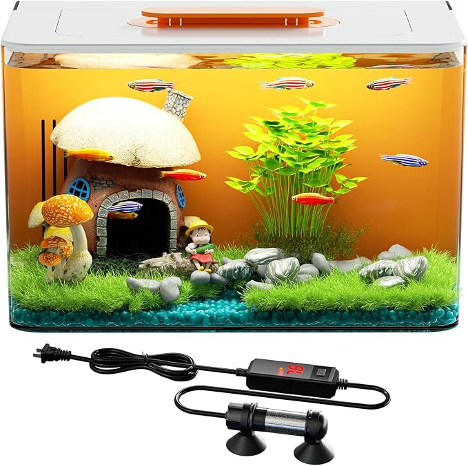Betta Fish Tank Kit 2.5 Gallon with Heater Hidden Filtration Light Acrylic | Dry-wet Separation Filtration, Self-cleaning, Ultra-quiet, 3 Color Light, 10 Brightness, Adjustable Water Flow, Round Corner