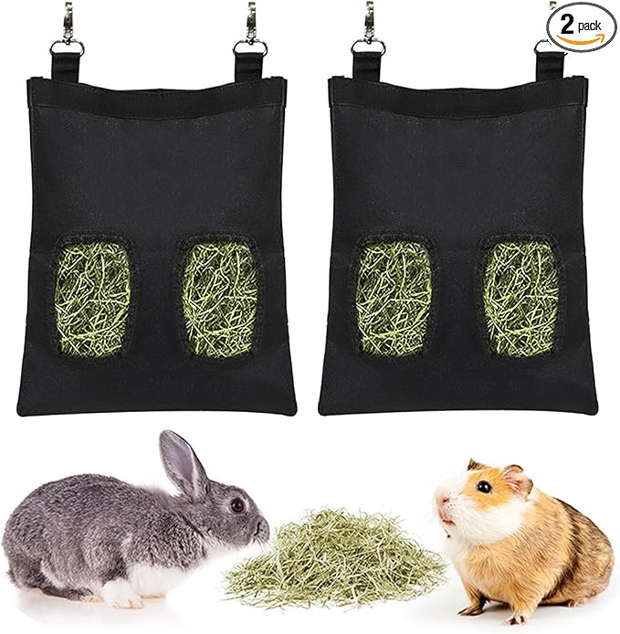 Rabbit Hay Feeder Bag, Large Capacity Rabbit Hay Bag Small Animal Hanging Hay Bag 600D Oxford Cloth Bunny Hay Feeder Bag for Rabbits Guinea Pigs Chinchillas (Black-2 Holes-2Pcs)