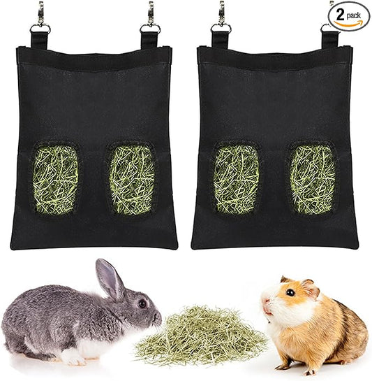 Rabbit Hay Feeder Bag, Large Capacity Rabbit Hay Bag Small Animal Hanging Hay Bag 600D Oxford Cloth Bunny Hay Feeder Bag for Rabbits Guinea Pigs Chinchillas (Black-2 Holes-2Pcs)