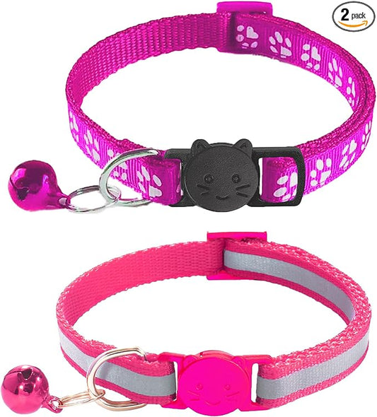 2 Pack Breakaway Cat Collars with Bells, Reflective Design and Claw Print Design, Safety Buckle Kitten Collars Adjustable from 7.5 to 12.5 Inches (Rose)