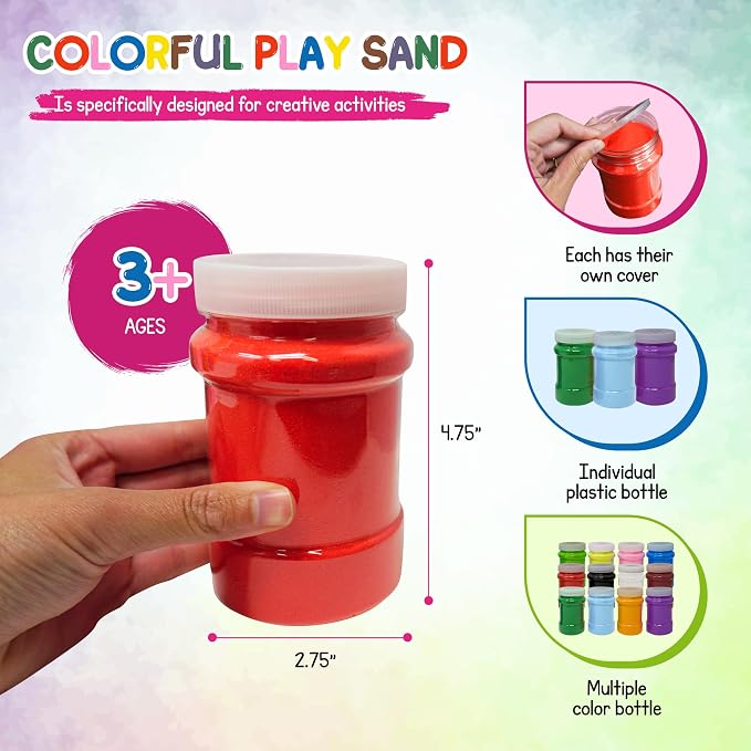 16.5 Lb (12 Pack) Colored Sand for Crafts, 22 oz Each,12 Sand Art Colors Non-Toxic Craft Sand Colored with Storage Container, Non Toxic Spring Summer Teachers Classroom Supplies Tool Sands for Kids