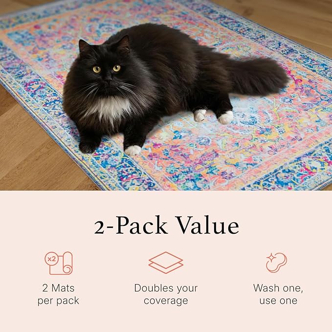 Lovewag Pets Cat Litter Box Mats 2 Pack - Medium 28x41 Machine Washable, Easy Clean, Non-Slip, Waterproof Mats for Indoor Cats - Kitty Litter Mess Control & Urine Floor Protection (Marmalade Sunshine)