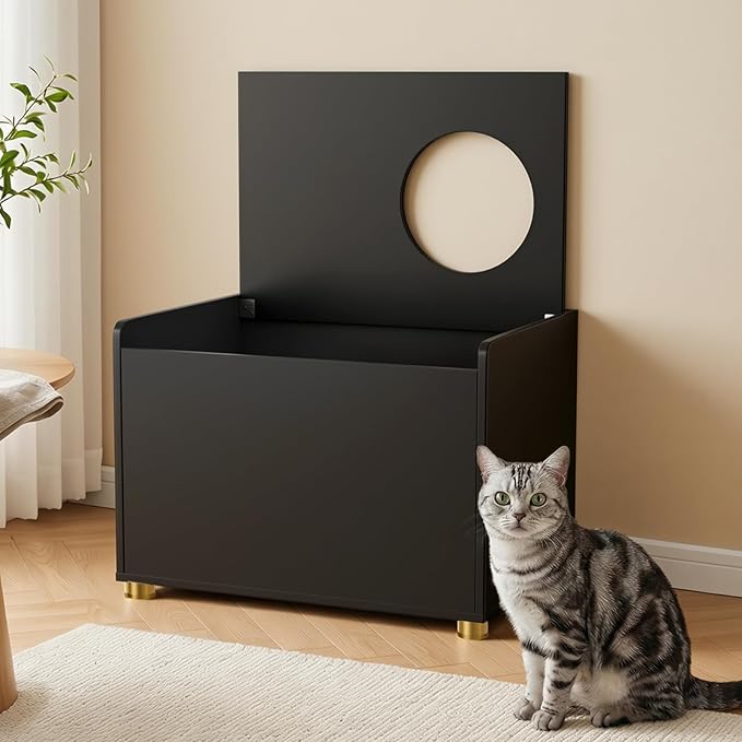 Amunrbrek Top Entry Litter Box Enclosure, Flip Top Cat Litter Box Furniture with Scratch Mat, Stylish Hidden Cat Washroom for Large Cats (Black)