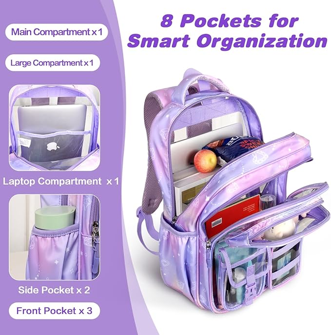 PAMANO Clear Backpack for Girls, Heavy Duty Transparent Bookbag for Kids, See Through Cute Backpacks for Elementary Primary School Work Sport Travel - Purple