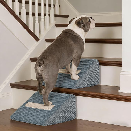 Foam Dog Ramp for Stairs, Low-Impact Climbing Dog Stairs for Senior Dogs | 5.1"H, 2 Pack, 40D High-Density Foam Won't Collapse, Protects Joints, Anti-Slip & Self-Sticky Pads, Washable Cover, Grey