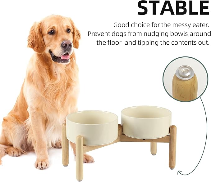 Havniva Ceramic 7.3inch Raised Double Bowls Set with Wooden Stand, Food & Water Bowls for Medium Breed Dogs, Weighted Dog Dishes, Pet Feeder(Light Yellow)