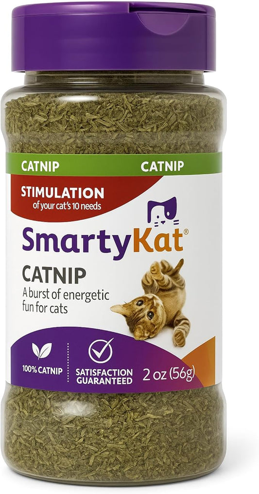 SmartyKat Natural Catnip Canister, 100% Natural Cat Nip for Cats, Premium Dried Catnip for Indoor Cats, Positive Training Aid for Play and Exercise, Resealable Shaker Bottle, 2 Ounces