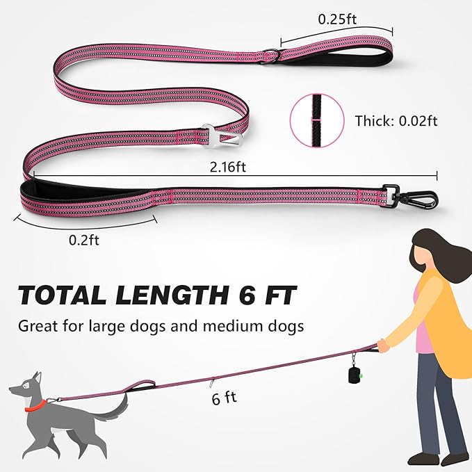 WINGOIN Dog Leash for Large Medium Small Dogs, Heavy Duty Dog Leashes with Double Handle, Poop Bag Holder, Car Seat Belt Buckle, Reflective Tactical Pet Lead for Walking, Training (Pink, 6FT)