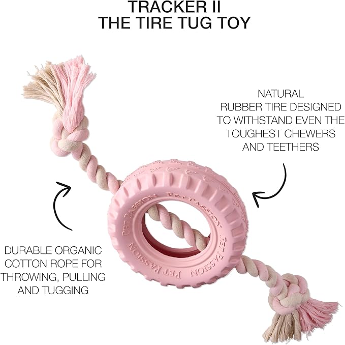 Pet Passion Natural Rubber Tire and Organic Cotton Rope Pull and Chew Dog Toy for All Pet Breeds, Blush, Large