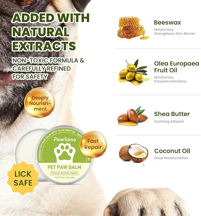 PawSono Lick-Safe Dog Paw Balm for Paws & Nose, All-Natural Paw Pad Moisturizer for Dogs & Cats, Paw Butter Helps Soothe Dry, Cracked Paws, Protects from Snow, Ice Melt & Hot Pavement, 1Pack | 2.1 oz