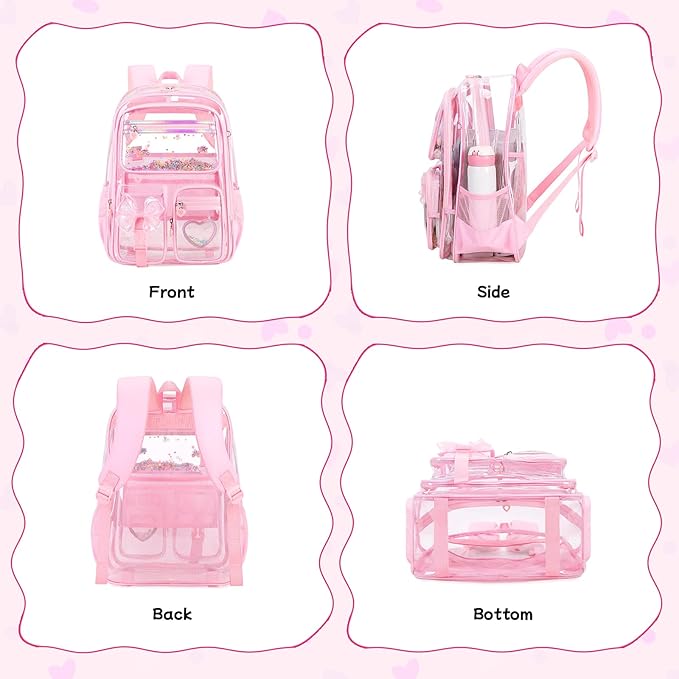 MOONBABY Clear Backpack for Girls, Clear Bookbag Heavy Duty Transparent Backpack for Stadium Events, See Through Back Pack for Kindergarten Elementary Middle High School, Pink