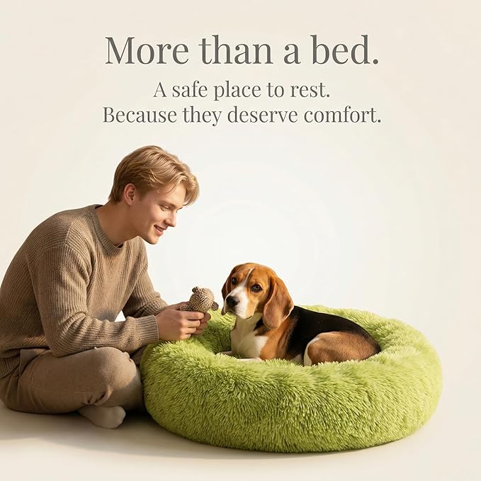 Calming Dog Bed for Medium Dogs Washable Donut 30 inches Anti-Slip Pet Bed,Round Fluffy Plush Faux Fur Cat Bed,Fits up to 45 lbs Pets,Grey