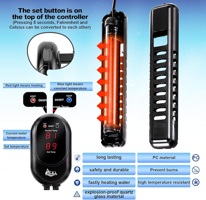 AQQA Submersible Aquarium Heater,100W/200W/300W/500W/800W/1000W/1200W | Fish Tank Heater,External Temperature Controller LED Temperature Display,Suitable for Saltwater and Freshwater(300W)