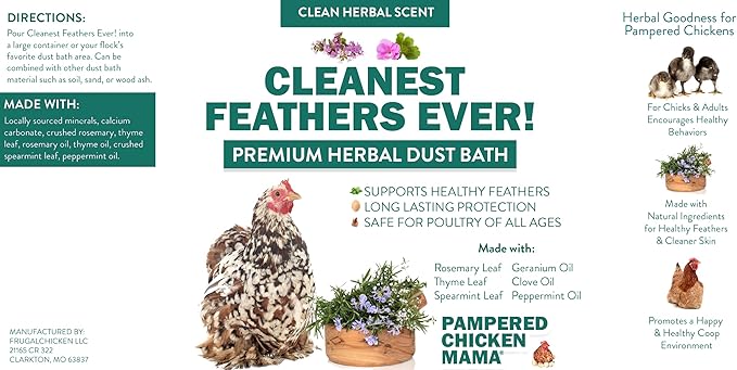 Pampered Chicken Mama Cleanest Feathers Ever! Premium Herbal Dust Bath for Chickens & Poultry with Essential Oils | Poultry Dust & Chicken Bath to Keep Feathers Clean & Healthy (14 Pounds)