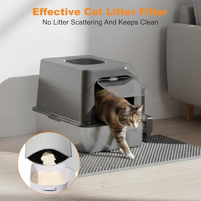 Extra Large Stainless Steel Cat Litter Box Enclosed with Lid - 24" x 16" x 17" Metal Cat Litter Box XXL for Cats, Front Top Entry High Side Kitty Litterbox with Scoop & Mat, Anti Leakage, No Sticky
