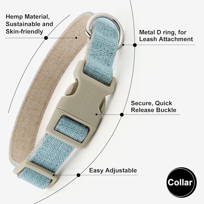 Plutus Pet Cotton Hemp Dog Collar and Leash Set, Adjustable Collar for Small, Medium, and Large Dogs, Heavy Duty and Soft on Skin, Light Blue, S