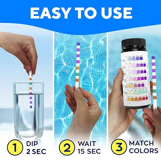 7-in-1 Accurate Pool Test Strips - 150 Hot Tub Spa Test Strips - Quick Pool Water Testing Kit - Bromine, pH, Hardness, Alkalinity, Chlorine & Cyanuric Acid - Perfect for Any Pools, Spa, Hot tubs