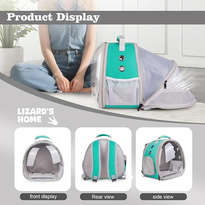 WEVONIGU Expandable Small Animal Backpack Carrier with Clear Bubble Window Large Space Travel Cage for Hedgehog Rat Parrot,Bearded Dragon,Sugar Glider,Airline Approved (Green, BE Backpack)