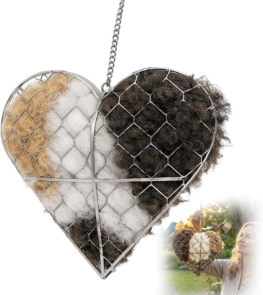 Handmade Alpaca Fiber Bird Nesting Heart, Bird Nesting Material Holder for Hummingbirds and Wild Birds, Garden Art Birdhouse, Decorative Outdoor Installation for Bird Enthusiasts and Nature Lovers