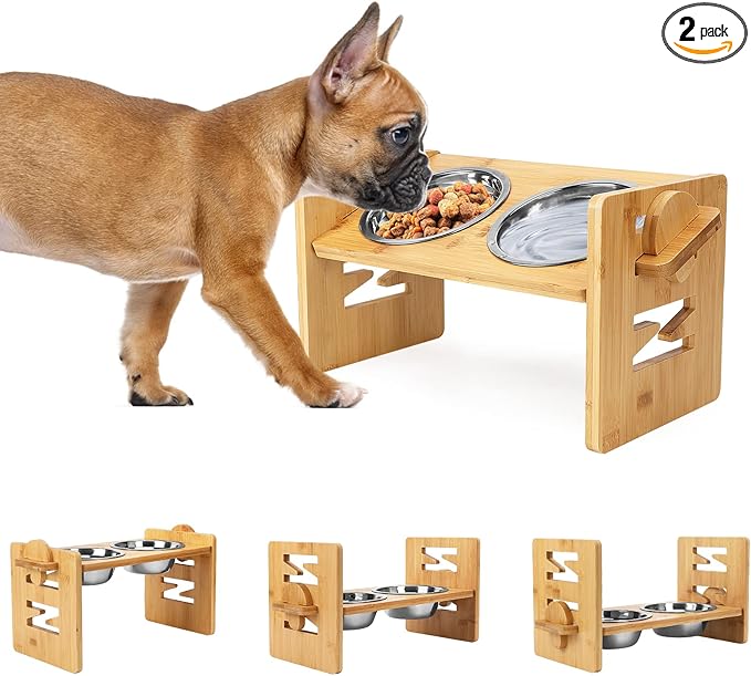 Elevated Dog Bowls, Adjustable Raised Tilted French Bulldog Food Water Bowl, Slanted Bamboo Pet Feeding Station with Stainless Steel Bowl for Small & Medium Dogs, Cat Kitten Flat Faced Puppy Feeder