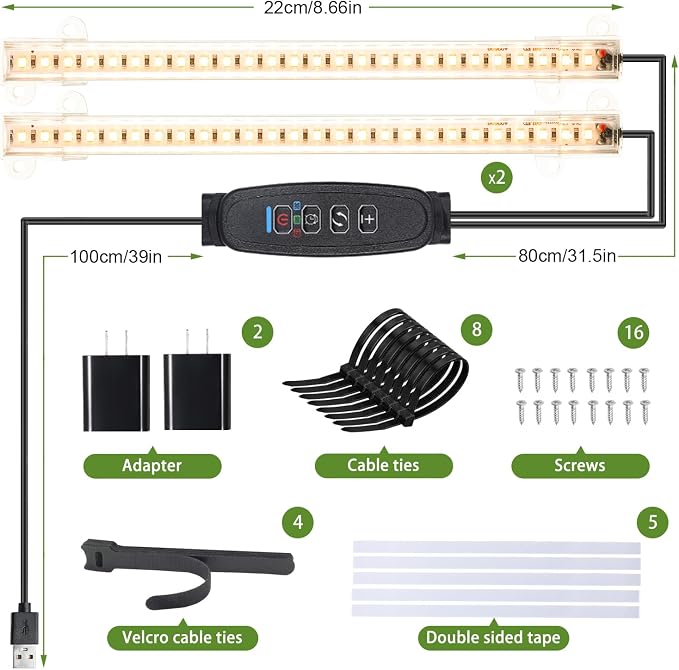 8.6'' LED Grow Light Strips, Full Spectrum 3500K Grow Lights for Indoor Plants, 2 Head with 3/9/12H Timer, 10 Dimmable Levels, Suitable for Seedling, Succulent, Plant Shelf and Greenhouse, 2-Pack