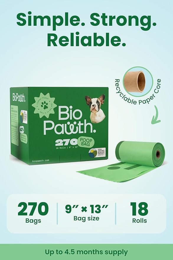 Dog Poop Bags, USDA Certified Biobased Product (42%), Extra Thick & Leak-Proof, Unscented Pet Waste Bags for Dogs & Cats, 270 Count