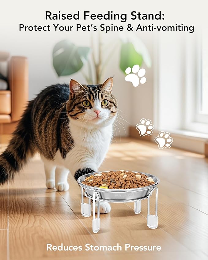 Elevated cat Bowl, 6.3" Wide Raised Stainless Steel Cat Food and Water Dishes, Small Dog Bowl, Whisker Friendly, Anti-Vomiting, Neck Stress-Free, Non-Slip Stainless Steel Stand with 4 Legs- 4Pack