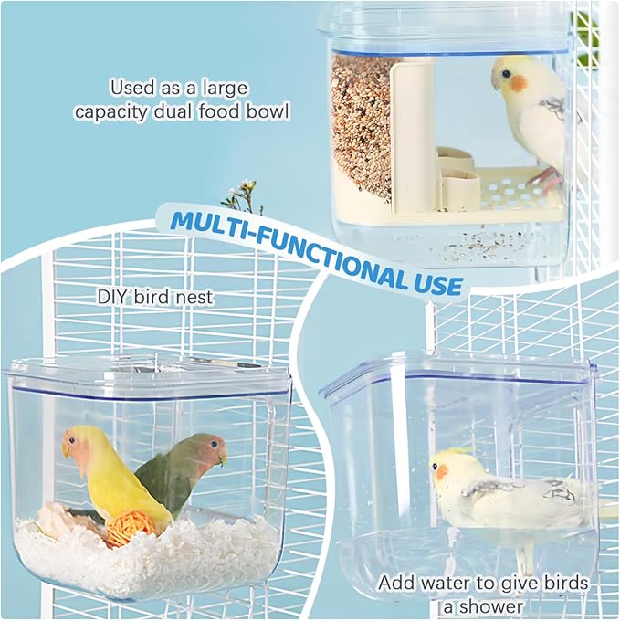 La La Pet No Mess Automatic Bird Feeder Large Capacity Feeding Bowl for Birdcage 2-in-1 Multifunctional Food Container and Bathtub for Parrots Cockatoos Parakeets Lovebirds
