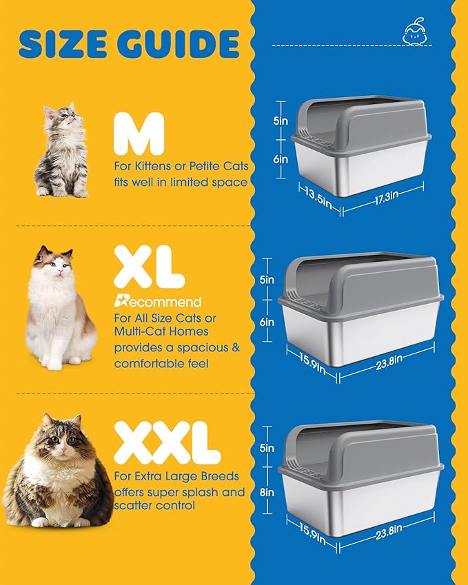 Powools Stainless Steel Cat Litter Box, Metal Litter Box with Scoop, High- Sided, Anti-Leakage Top Entry, Non-Sticky, Easy to Clean, Grey, XL (1 Pack)
