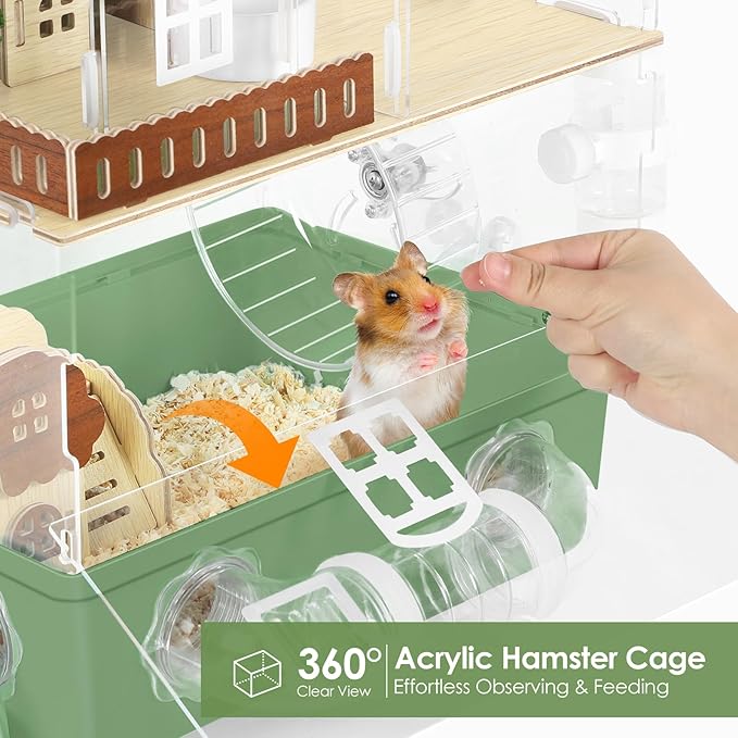 Acrylic Hamster Cage Large Hamster Habitat Dwarf Hamster Enclosure, 13.3''* 9.8''* 17.4'' Clear Pet Mice House for Syrian Small Hamsters, Green