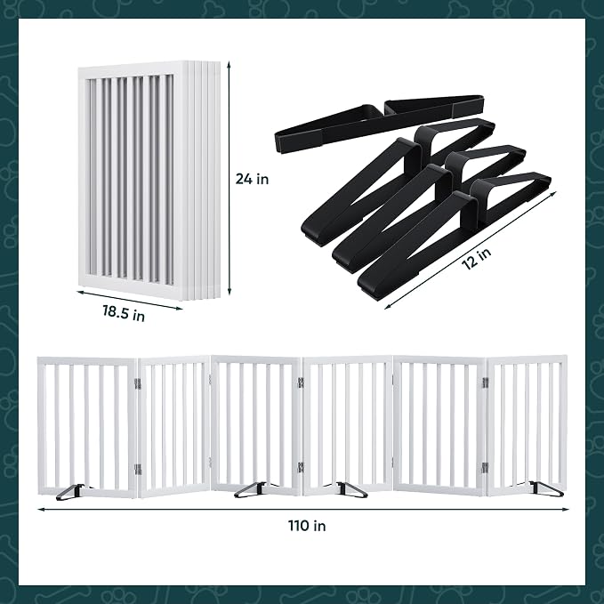 Semiocthome Wood Dog Gates for The House Extra Wide, 6-Panel Freestanding Pet Gates with 4PCS Metal Stands for Doorways and Stairs, 24" H Foldable Dog Fences Indoor, Expands Up to 110" (W)- White