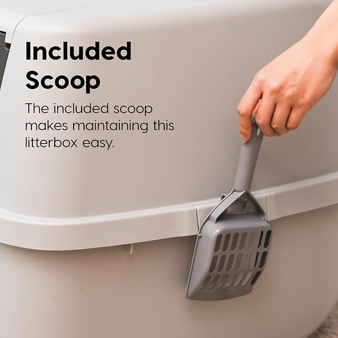 IRIS USA Cat Litter Box Large with Front Door Flap, Covered Enclosed Litter Box Enclosure with Scoop, Handle & Buckles for Portability & Privacy, Hidden Litter Pan, Gray
