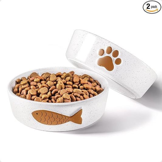Ceramic Cat Bowls Whisker Friendly - Ceramic Cat Bowl Set of 2 Cute Designs with Anti-Slip Bases - Dishwasher & Microwave Safe Food and Water Bowls for Cats - Dishes for Cats - Kitten Food Bowl Set
