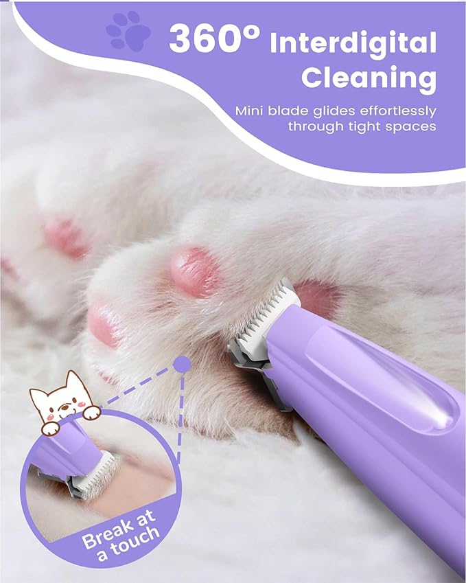 PAPMINI Dog Paw Trimmer with LED Light, 35dB Low Noise Paw Trimmers for Dog's Feet, 2 Speed Safety Electric Dog Clippers for Grooming, Rechargeable Cat Shaver for Paws, Ears, Face, Rump (Purple)