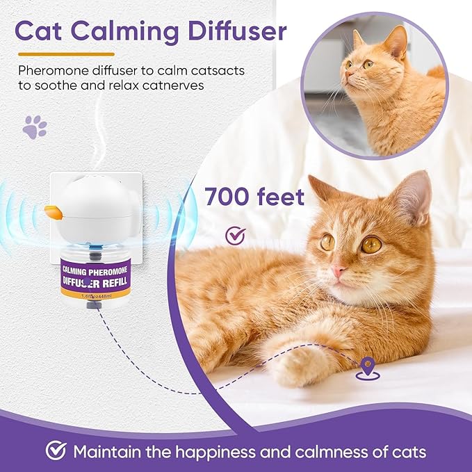 Cat Calming Pheromone Diffuser Kit, Long-Lasting Stress & Anxiety Relief, Reduces Fighting, Spraying & Scratching, Safe & Drug-Free Comfort for All Cats and Kittens 2 Plug-Ins + 4 Refills (48ml Each)